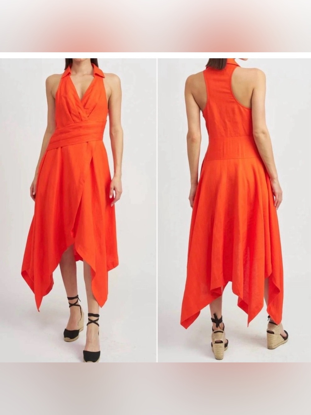 NWOT En Saison Sonnet Orange Asymmetrical Halter Midi Dress